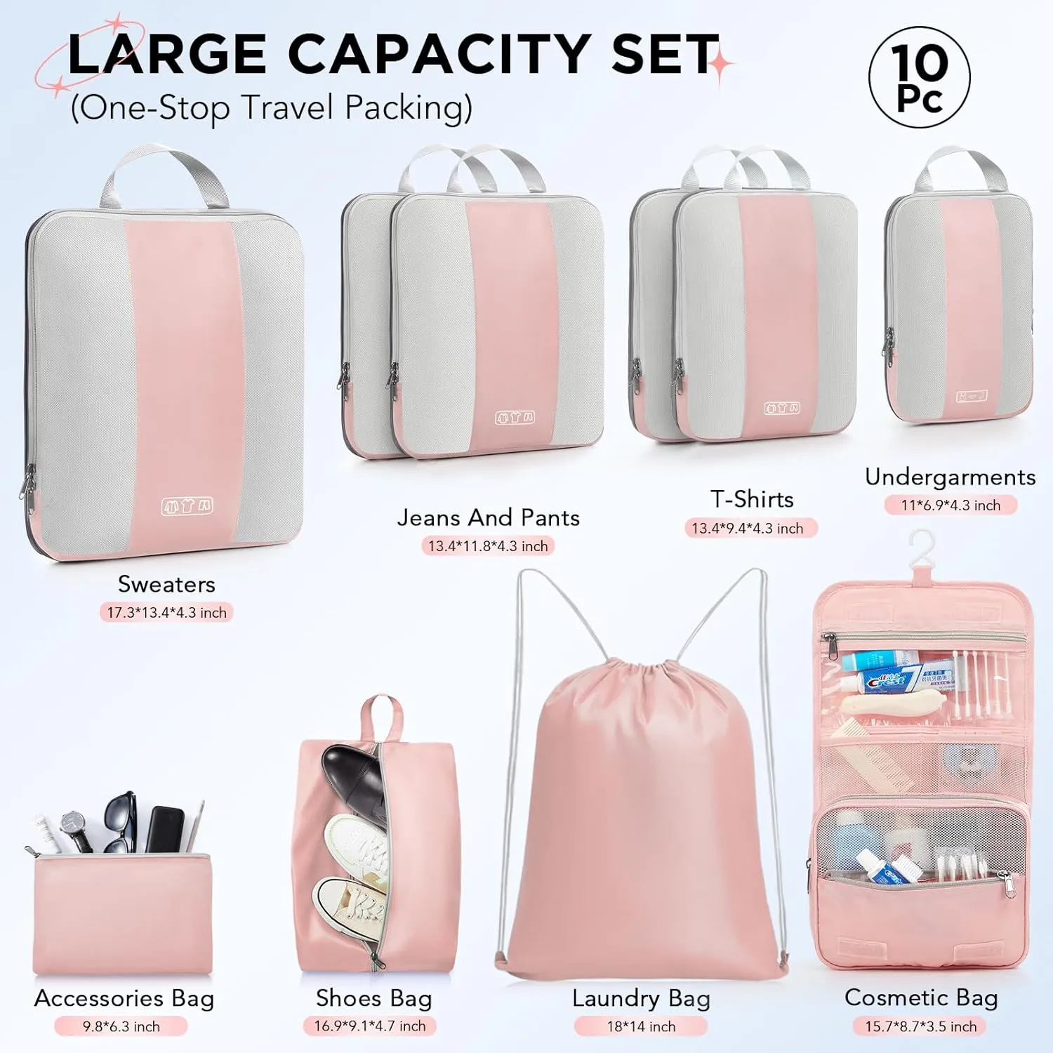 10 Set Compression Packing Cubes for Travel Essentials,Compressible Expandable Packing Cubes for Suitcase,OlarHike Luggage Organizer Bags for Travel,Handy Helper for Organizing Clothes(Pink)