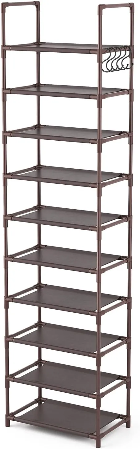 10 Tiers Tall Shoe Rack 20-25 Pairs Boots Organizer Storage Sturdy Narrow Shoe Shelf for Entryway, Closets with Hooks, Brown