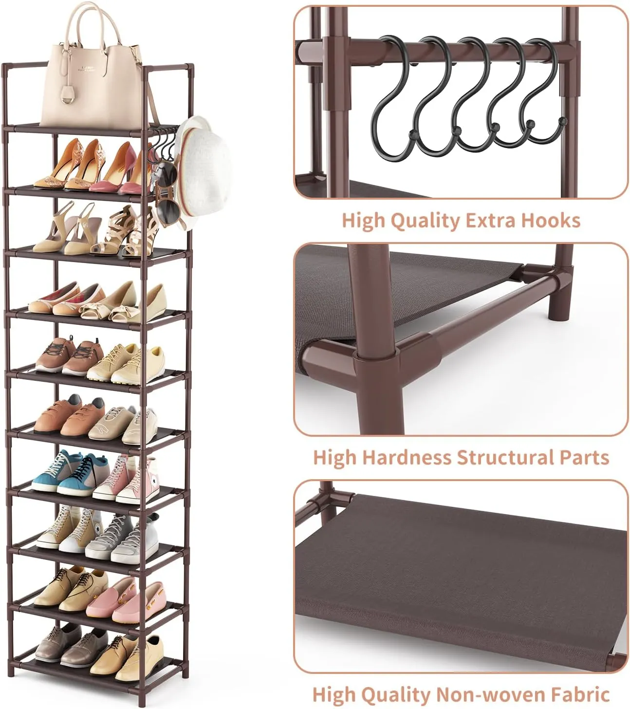 10 Tiers Tall Shoe Rack 20-25 Pairs Boots Organizer Storage Sturdy Narrow Shoe Shelf for Entryway, Closets with Hooks, Brown