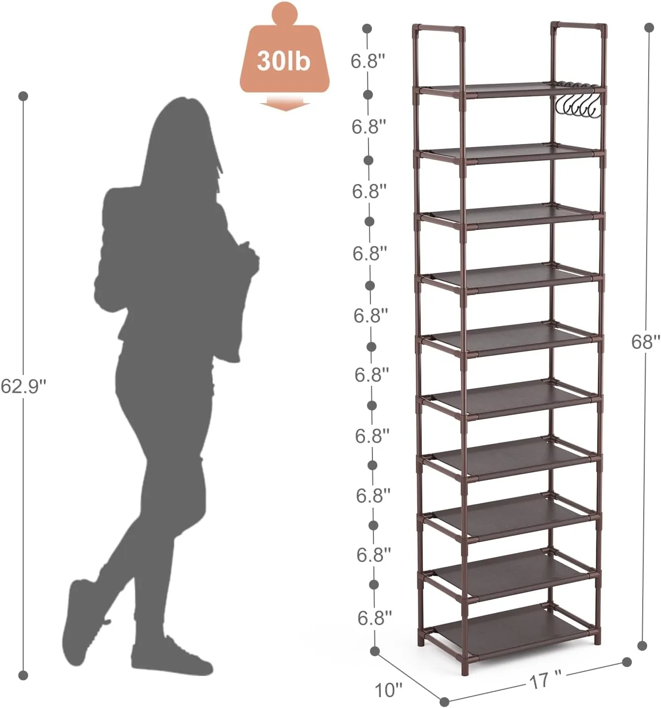 10 Tiers Tall Shoe Rack 20-25 Pairs Boots Organizer Storage Sturdy Narrow Shoe Shelf for Entryway, Closets with Hooks, Brown