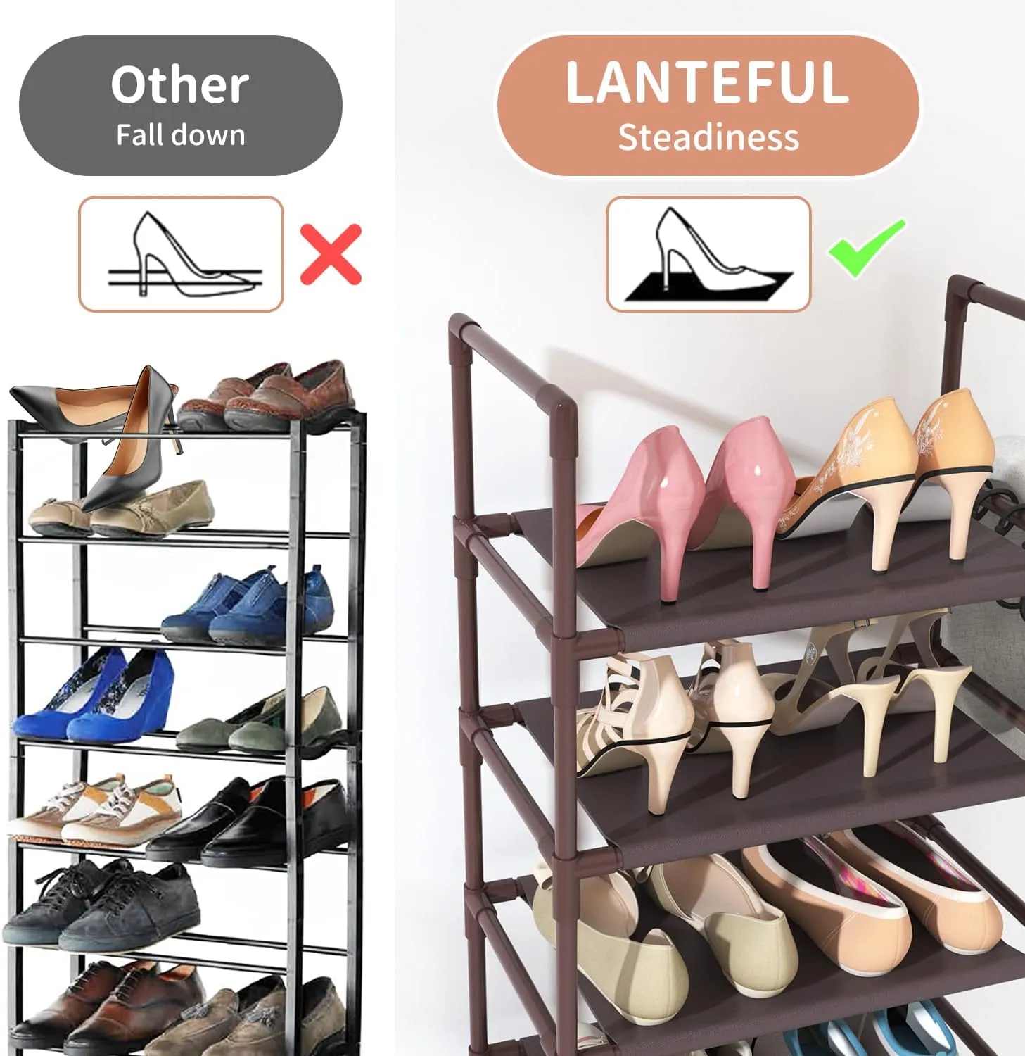 10 Tiers Tall Shoe Rack 20-25 Pairs Boots Organizer Storage Sturdy Narrow Shoe Shelf for Entryway, Closets with Hooks, Brown