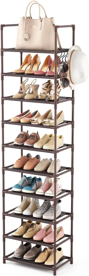 10 Tiers Tall Shoe Rack 20-25 Pairs Boots Organizer Storage Sturdy Narrow Shoe Shelf for Entryway, Closets with Hooks, Brown