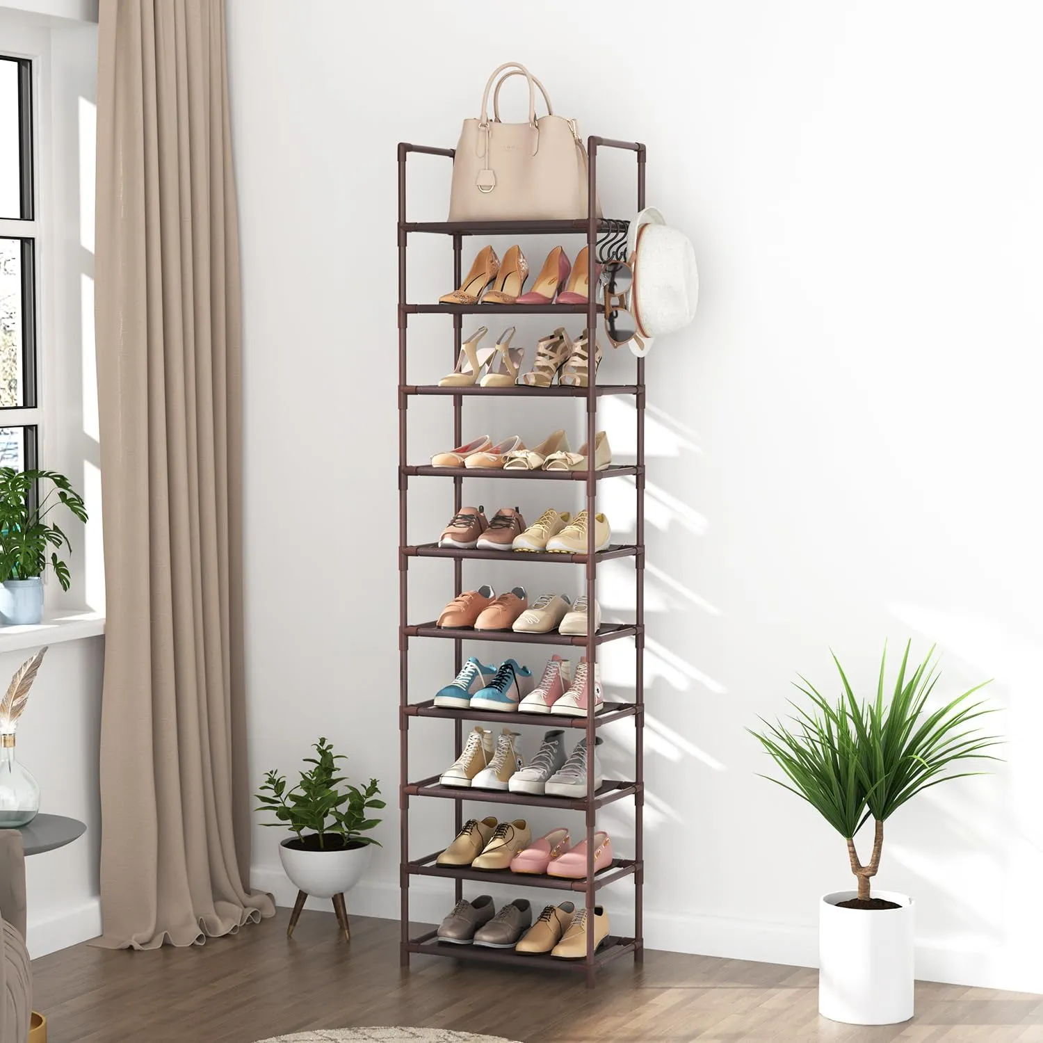 10 Tiers Tall Shoe Rack 20-25 Pairs Boots Organizer Storage Sturdy Narrow Shoe Shelf for Entryway, Closets with Hooks, Brown