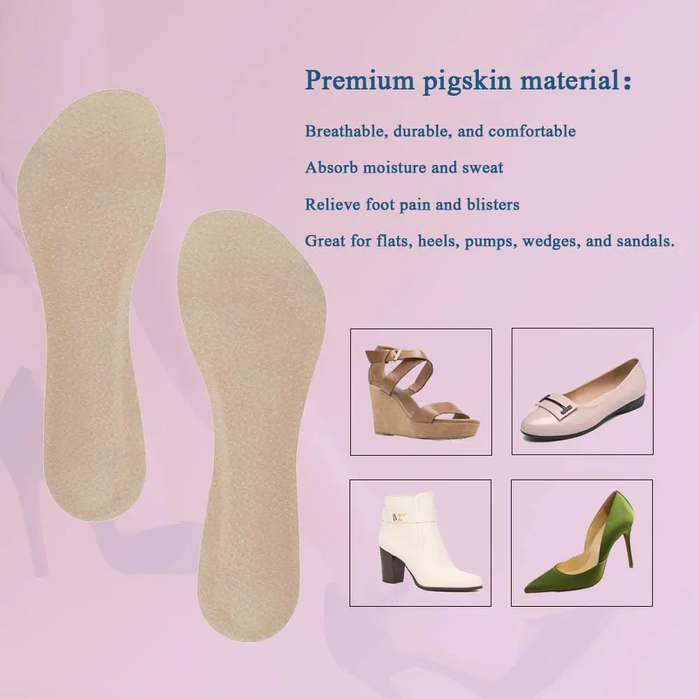 2 Pairs Pigskin High Heel Cushion Inserts, Adhesive Arch Support Sandal Inserts, Anti-Slip Shoe Inserts for Dress Shoes Flat Shoe Pain Relief, Leather Cushioning Heel Insoles for Boots