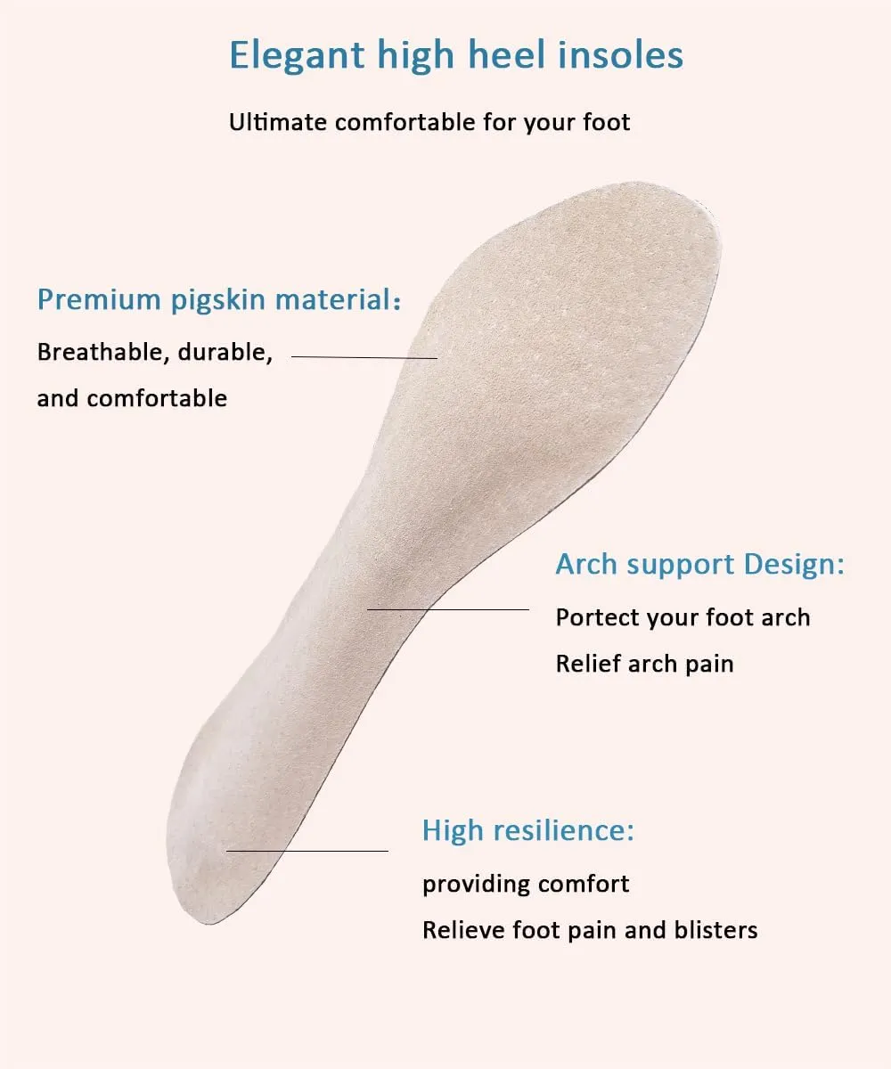 2 Pairs Pigskin High Heel Cushion Inserts, Adhesive Arch Support Sandal Inserts, Anti-Slip Shoe Inserts for Dress Shoes Flat Shoe Pain Relief, Leather Cushioning Heel Insoles for Boots