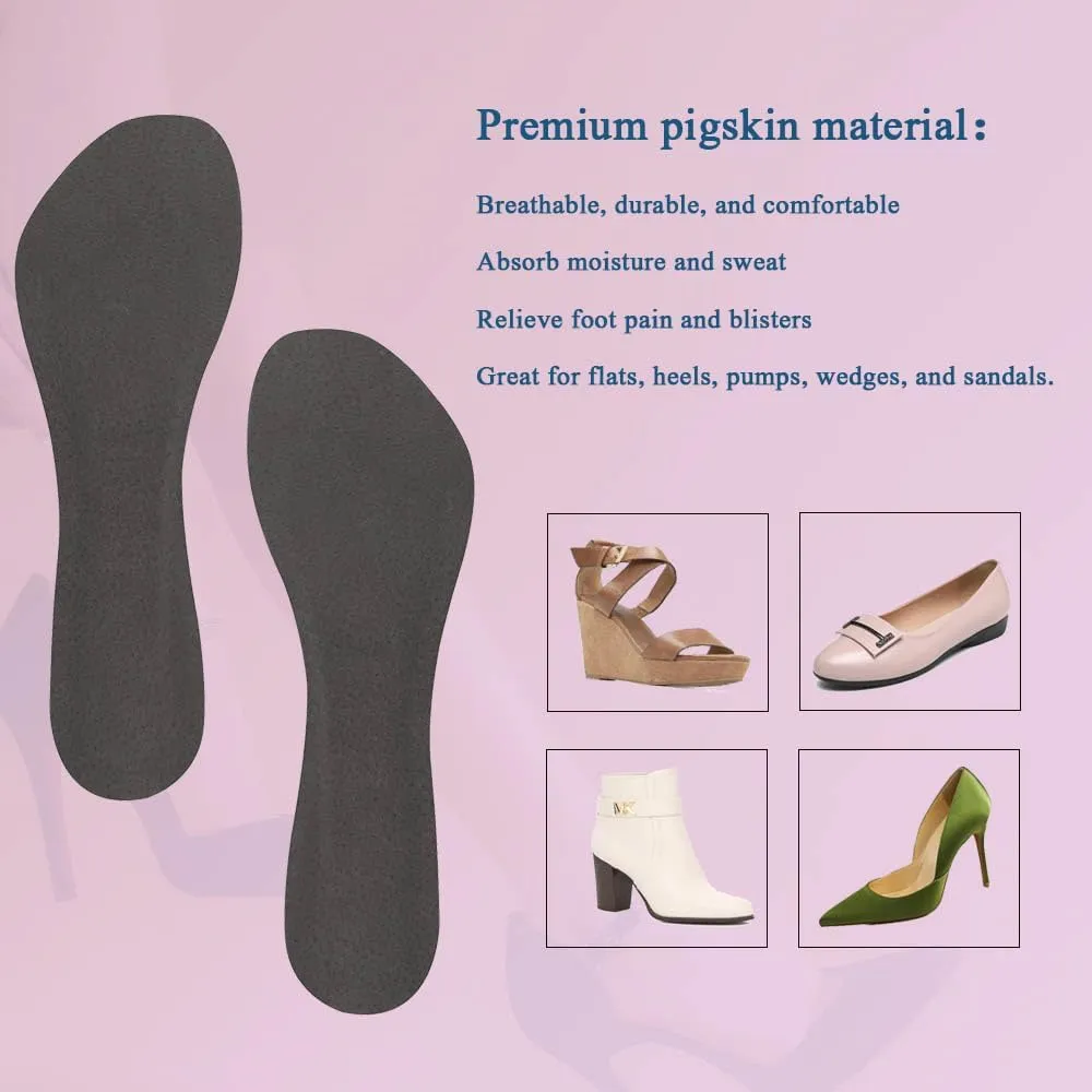 2 Pairs Pigskin High Heel Cushion Insoles, Adhesive Arch Support Sandal Inserts, Anti-Slip Shoe Dress Shoes Inserts Flat Shoe Pain Relief, Leather Cushioning Heel Insoles, L for 9.5-11 Women Shoes