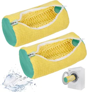 2pcs Yellow shoe washing machine bag，Laundry Shoe Bag for Washer and Dryer, Reusable and Durable Zipper Plush Washing Machine Bag for Shoes, for All Shoe Types and Sizes