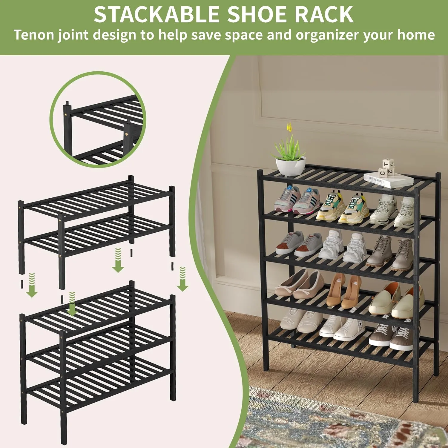 3 Tier Bamboo Shoe Rack for Closet Free Standing Wood Shoe Shelf Storage Organizer for Entryway Small Space Stackable 27"x11"x20" (Black)