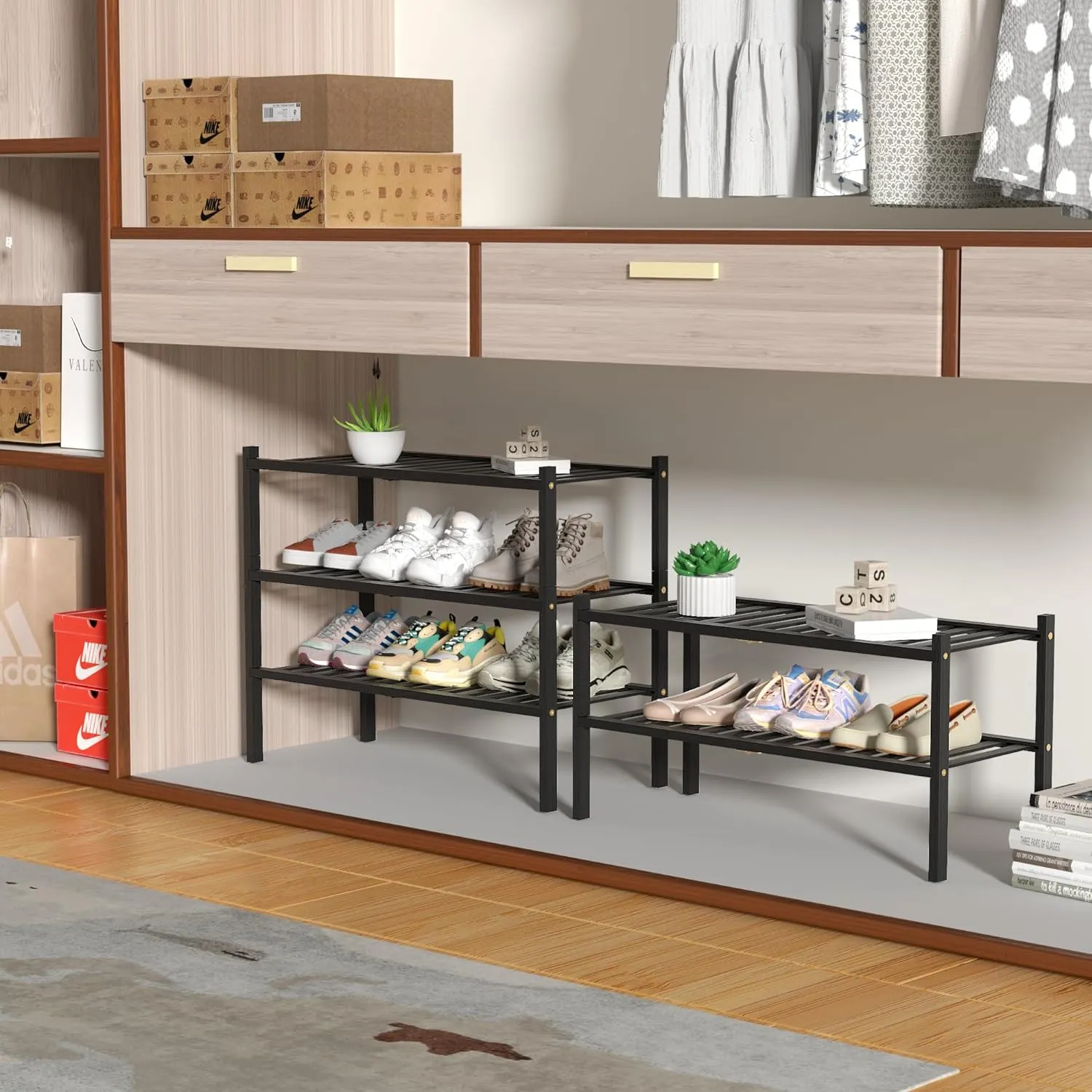 3 Tier Bamboo Shoe Rack for Closet Free Standing Wood Shoe Shelf Storage Organizer for Entryway Small Space Stackable 27"x11"x20" (Black)