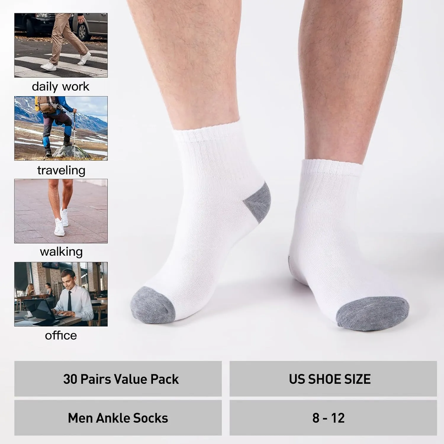 30 Pack 4 Styles Men's/Women's Ankle Socks Bulk - Breathable Thin Athletic Casual Socks, Fits Shoe Size 8-12