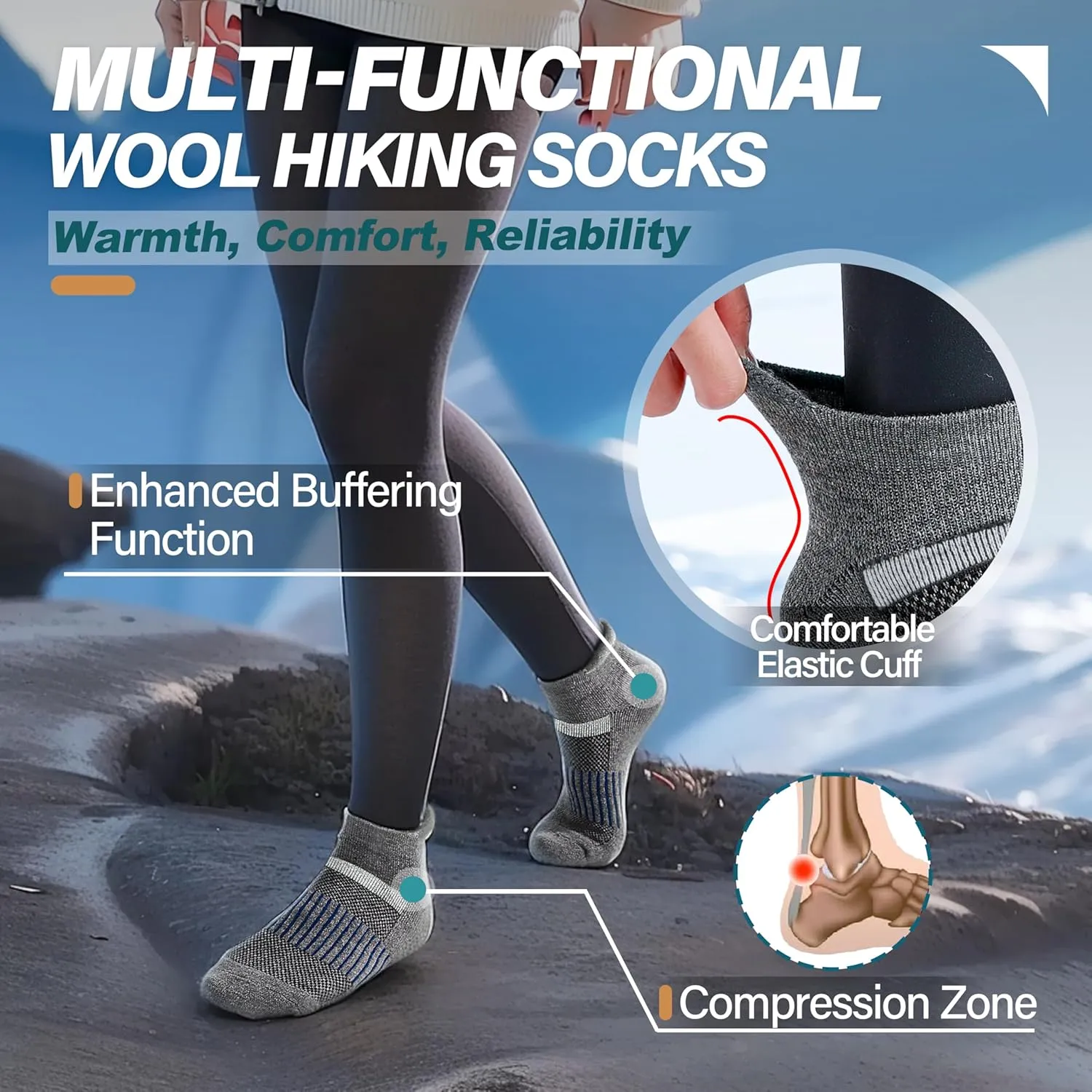 6 Pairs Merino Wool Ankle Running Hiking Socks Compression Support Breathable Thick Cushion No Show Socks for Women Men