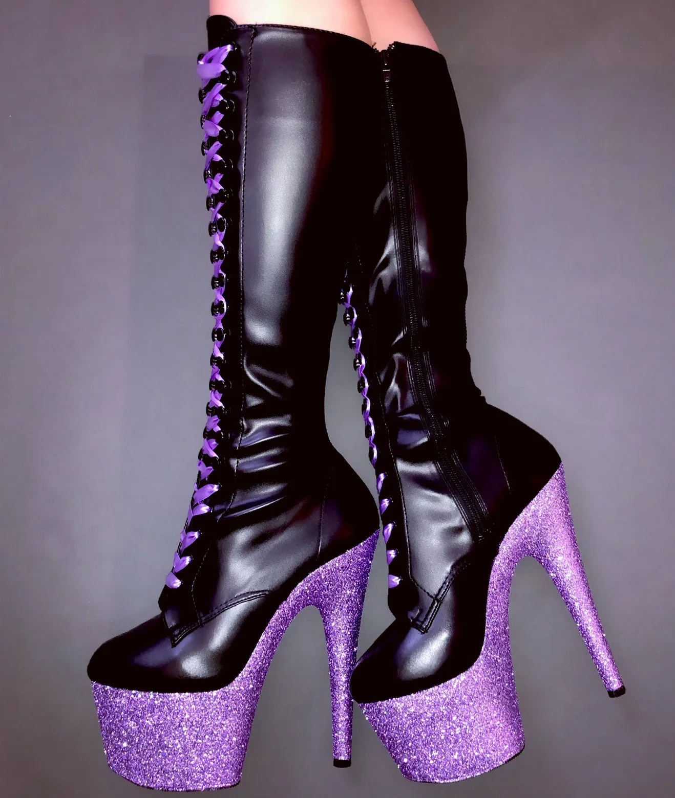 7" Lilac Knee High VEGAN Glitter Heels
