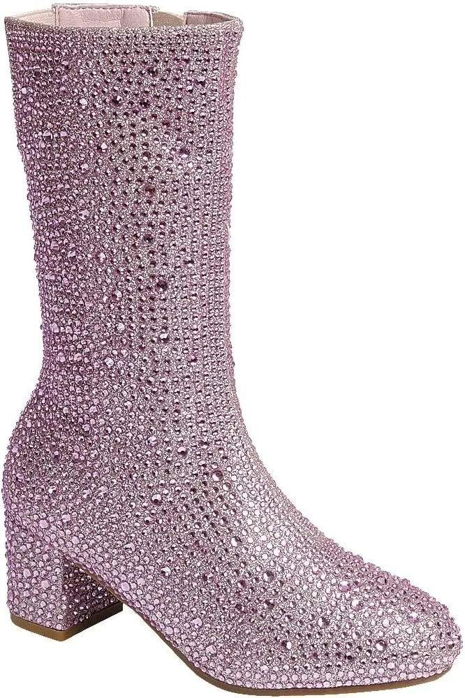 ABSOLEX Girl's Rhinestone Round Toe Knee High Chunky Low Heel Boot