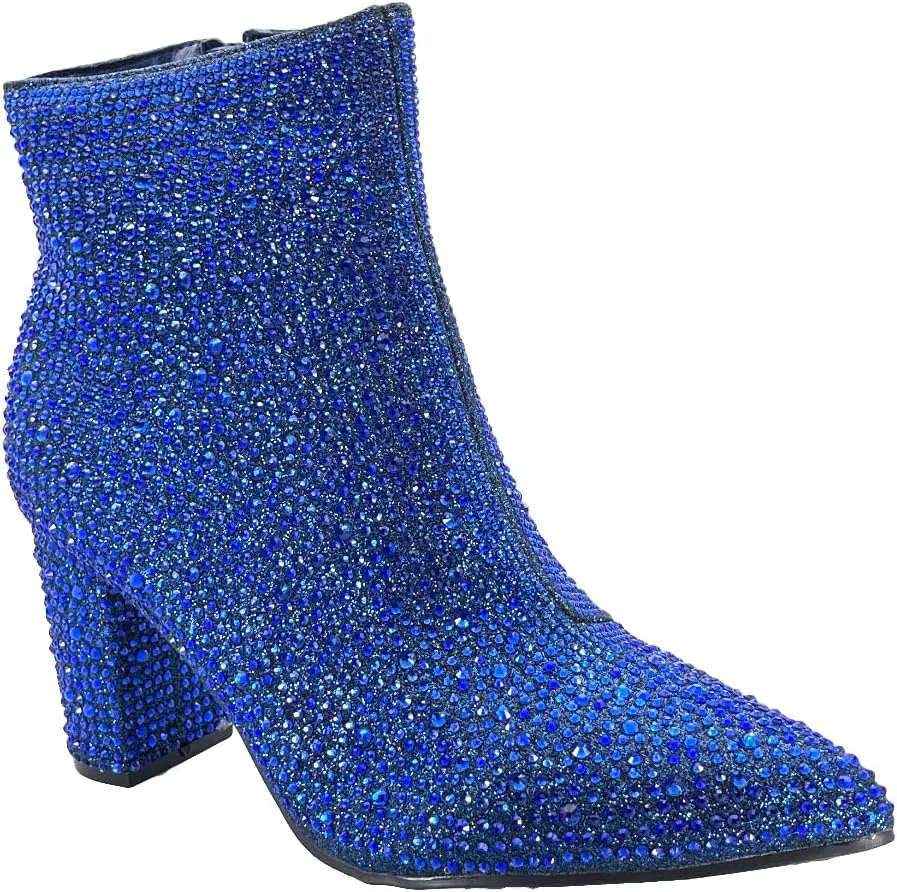 ABSOLEX Women Pointed Toe Rhinestone Block Medium Heel Ankle Booties