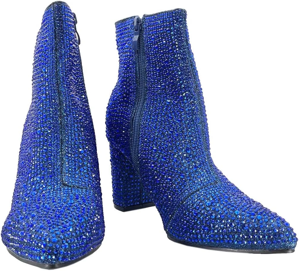 ABSOLEX Women Pointed Toe Rhinestone Block Medium Heel Ankle Booties