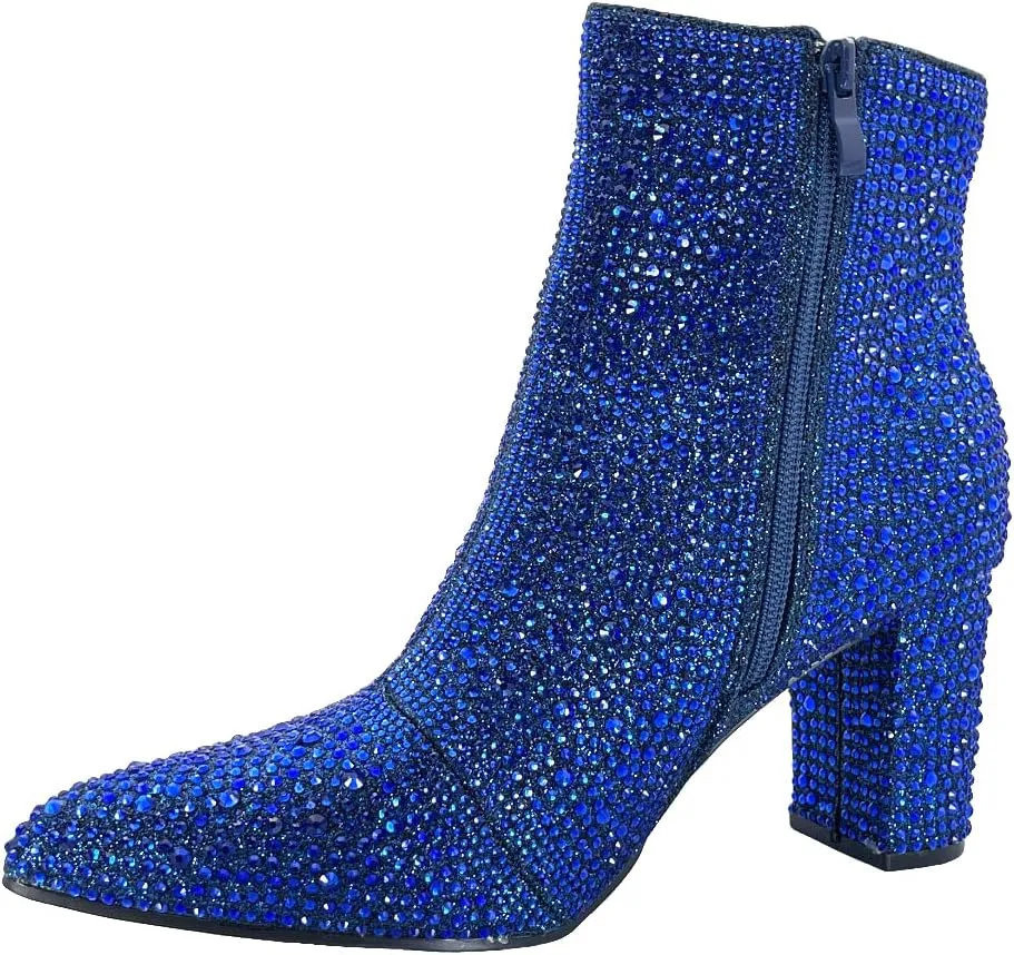 ABSOLEX Women Pointed Toe Rhinestone Block Medium Heel Ankle Booties