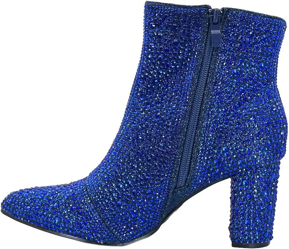 ABSOLEX Women Pointed Toe Rhinestone Block Medium Heel Ankle Booties