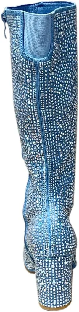 ABSOLEX Women Pointed Toe Rhinestone Block Medium Heel Knee High Boots