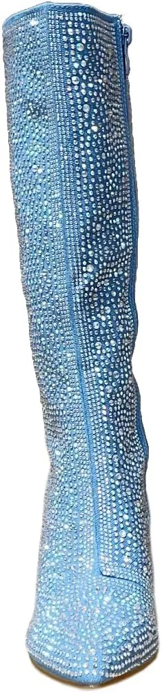 ABSOLEX Women Pointed Toe Rhinestone Block Medium Heel Knee High Boots