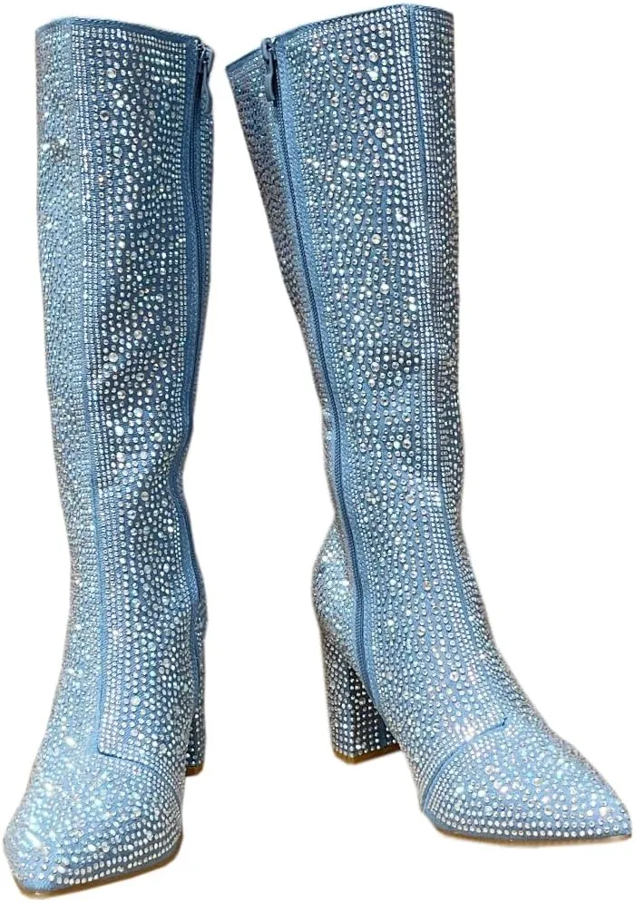 ABSOLEX Women Pointed Toe Rhinestone Block Medium Heel Knee High Boots