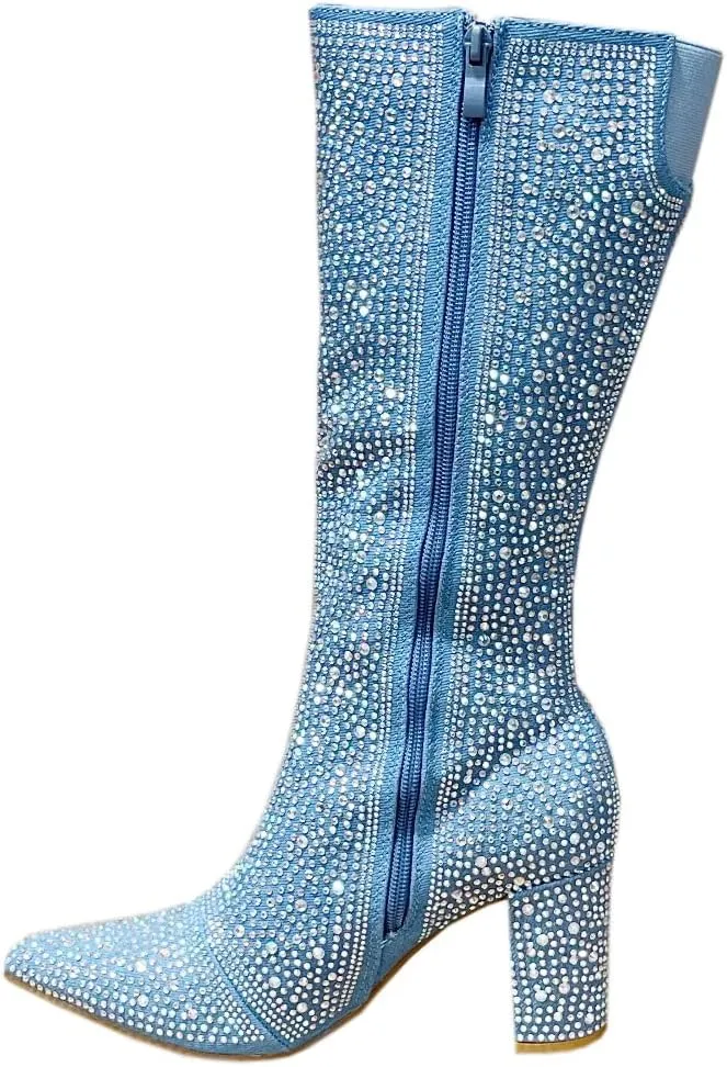 ABSOLEX Women Pointed Toe Rhinestone Block Medium Heel Knee High Boots