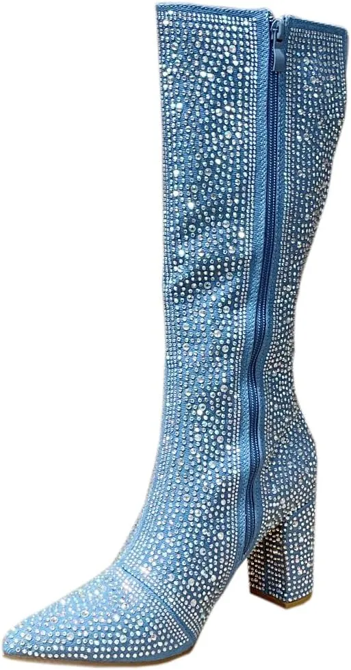 ABSOLEX Women Pointed Toe Rhinestone Block Medium Heel Knee High Boots