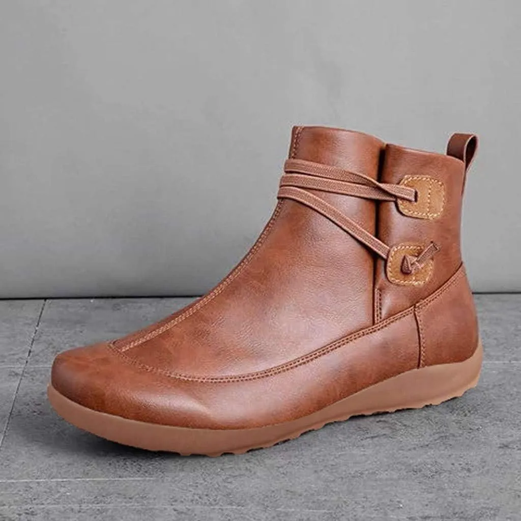 Ankle Boots for Women Retro Leather Zipper Booties V Cut Round Toe Low Heels Boots Classic Western Cowboy Boots