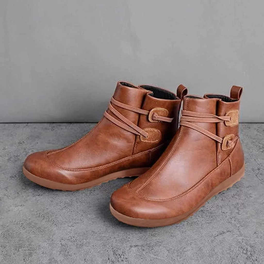 Ankle Boots for Women Retro Leather Zipper Booties V Cut Round Toe Low Heels Boots Classic Western Cowboy Boots