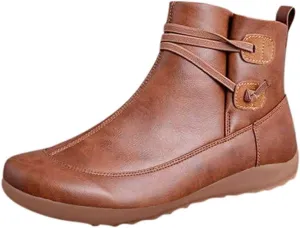 Ankle Boots for Women Retro Leather Zipper Booties V Cut Round Toe Low Heels Boots Classic Western Cowboy Boots