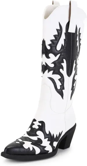 ANN CREEK Women's 'Claremont' Sexy Cowboy Boots Mid Calf Knee-high Patchwork Dressy Cowgirl Western Woman Chunky Heel Pointed Toe Trendy Knee High Tall Boots