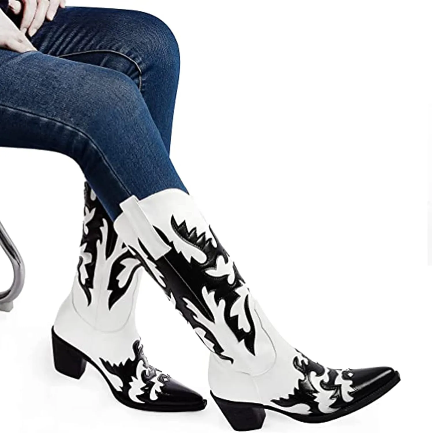 ANN CREEK Women's 'Claremont' Sexy Cowboy Boots Mid Calf Knee-high Patchwork Dressy Cowgirl Western Woman Chunky Heel Pointed Toe Trendy Knee High Tall Boots