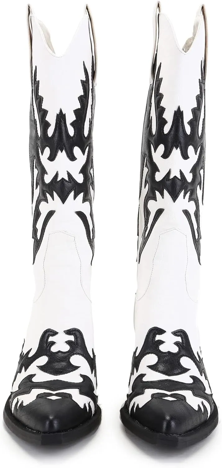 ANN CREEK Women's 'Claremont' Sexy Cowboy Boots Mid Calf Knee-high Patchwork Dressy Cowgirl Western Woman Chunky Heel Pointed Toe Trendy Knee High Tall Boots