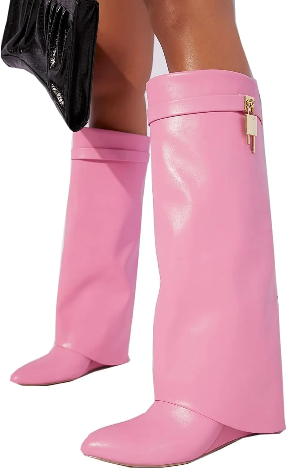 Arqa Fold Over Knee High Boots for Women Covered Wedge Heel Padlock Boot Almond Toe Wide Calf Pull-on Fashion Boots Party Shoes