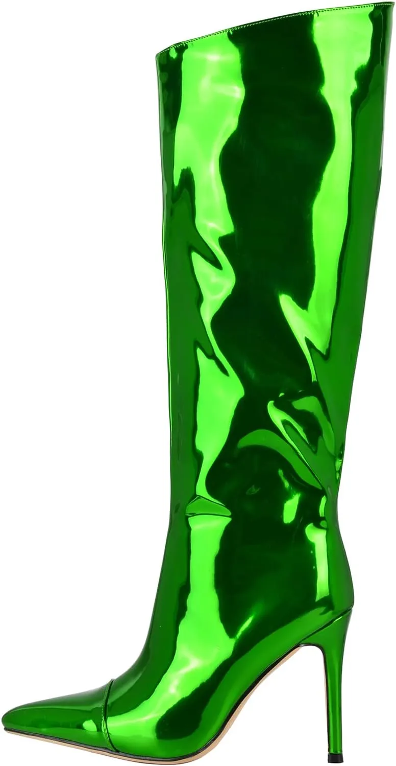 Arqa Metallic Boots for Women Pointed Toe High Stiletto Heel Knee High Boot Fashion Chrome Zipper Boot Dressy Party Shoes