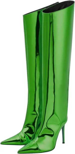 Arqa Metallic Boots for Women Pointed Toe High Stiletto Heel Knee High Boot Fashion Chrome Zipper Boot Dressy Party Shoes