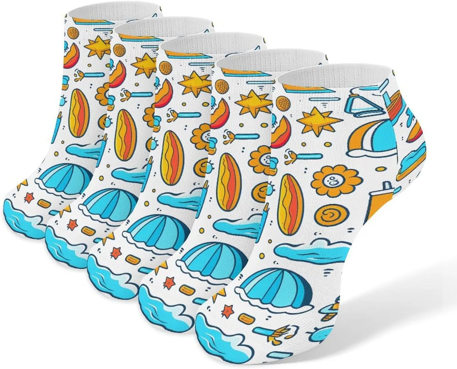 Beach Themed Graphics Ankle Socks for Men & Women, 5 Pairs Breathable Soft Low Cut Socks, Stretch Sweat Wicking Sox