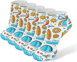 Beach Themed Graphics Ankle Socks for Men & Women, 5 Pairs Breathable Soft Low Cut Socks, Stretch Sweat Wicking Sox