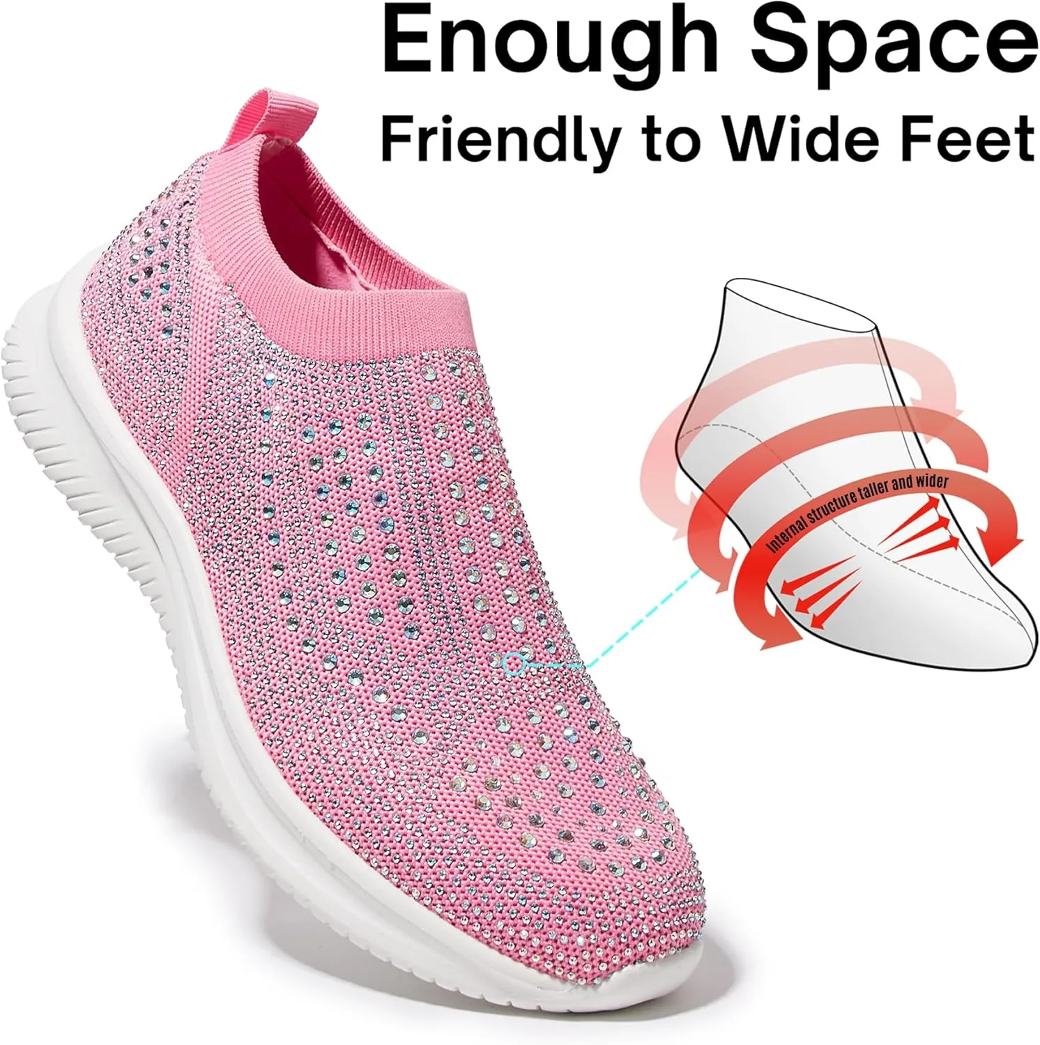 BELOS Women's Rhinestone Mesh Slip On Walking Shoes Fashion Breathable Spakle Glitter Sneaker
