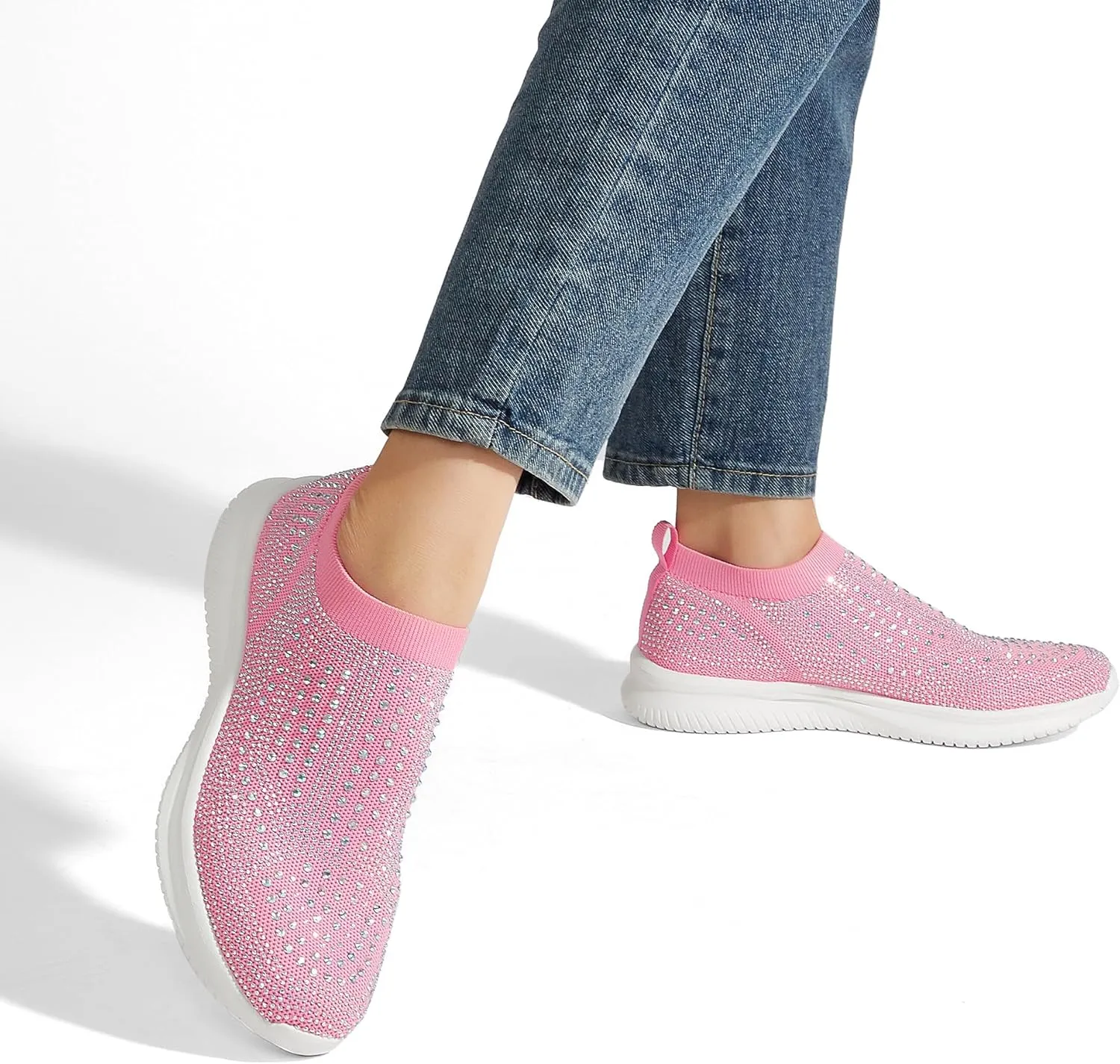 BELOS Women's Rhinestone Mesh Slip On Walking Shoes Fashion Breathable Spakle Glitter Sneaker