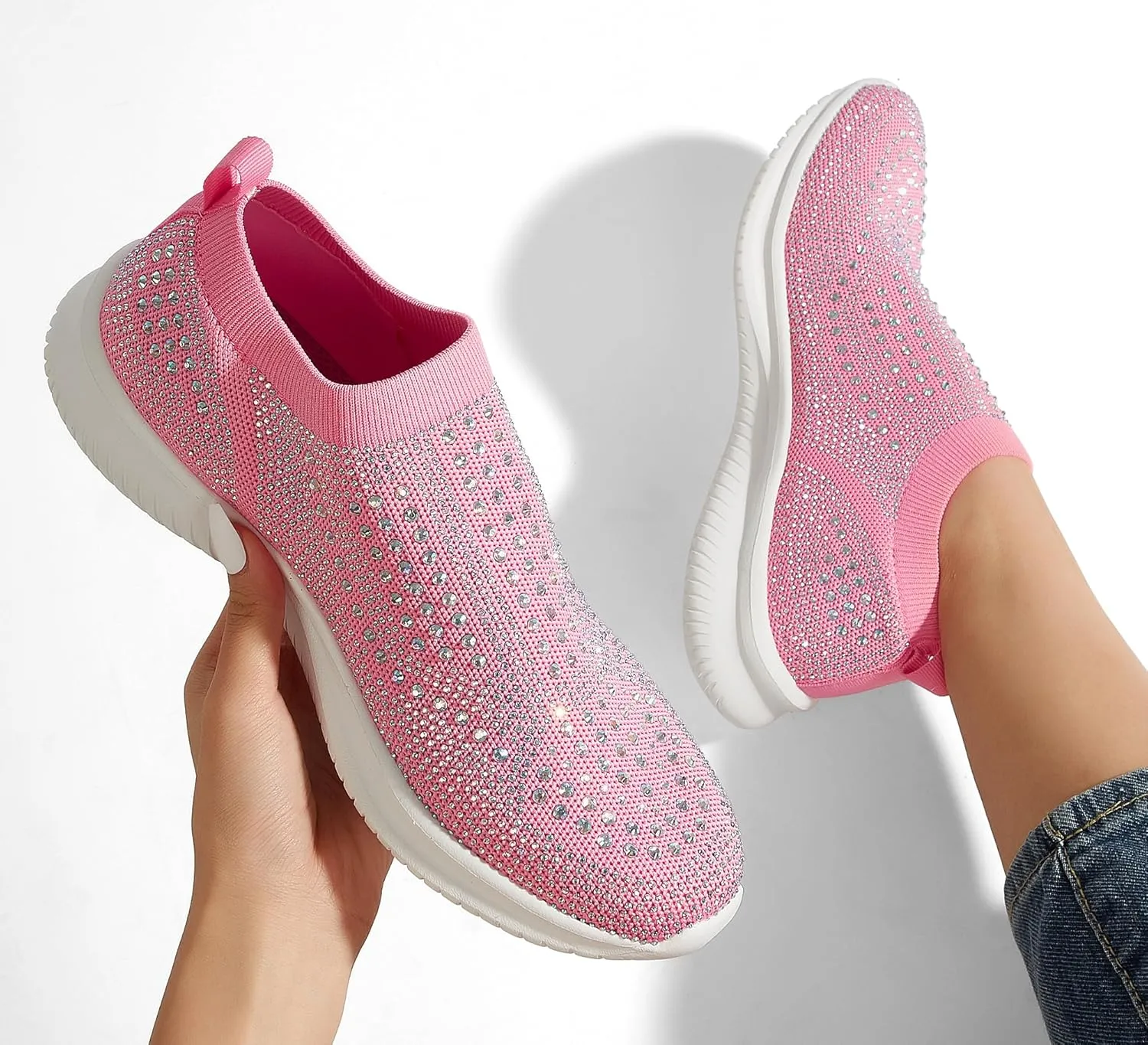BELOS Women's Rhinestone Mesh Slip On Walking Shoes Fashion Breathable Spakle Glitter Sneaker