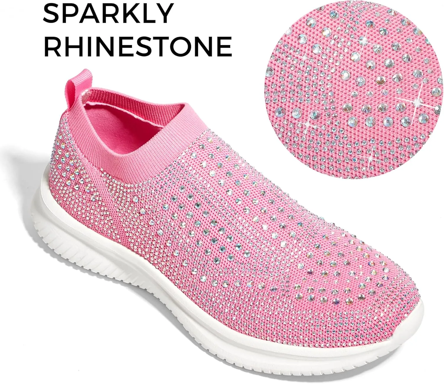 BELOS Women's Rhinestone Mesh Slip On Walking Shoes Fashion Breathable Spakle Glitter Sneaker