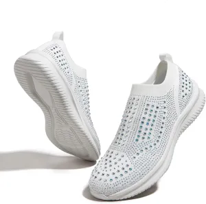 BELOS Women's Rhinestone Mesh Slip On Walking Shoes Fashion Breathable Spakle Glitter Sneaker