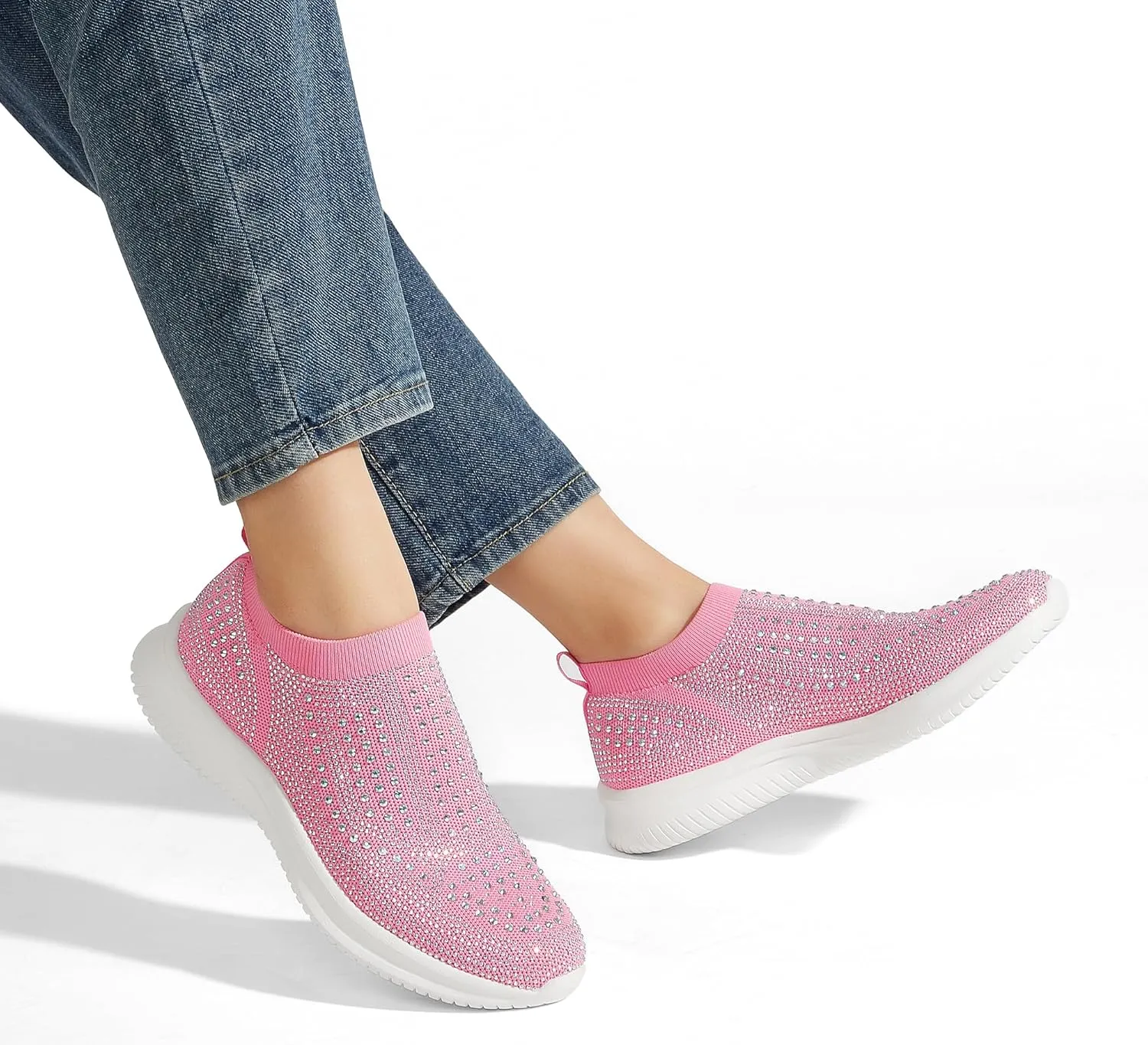 BELOS Women's Rhinestone Mesh Slip On Walking Shoes Fashion Breathable Spakle Glitter Sneaker