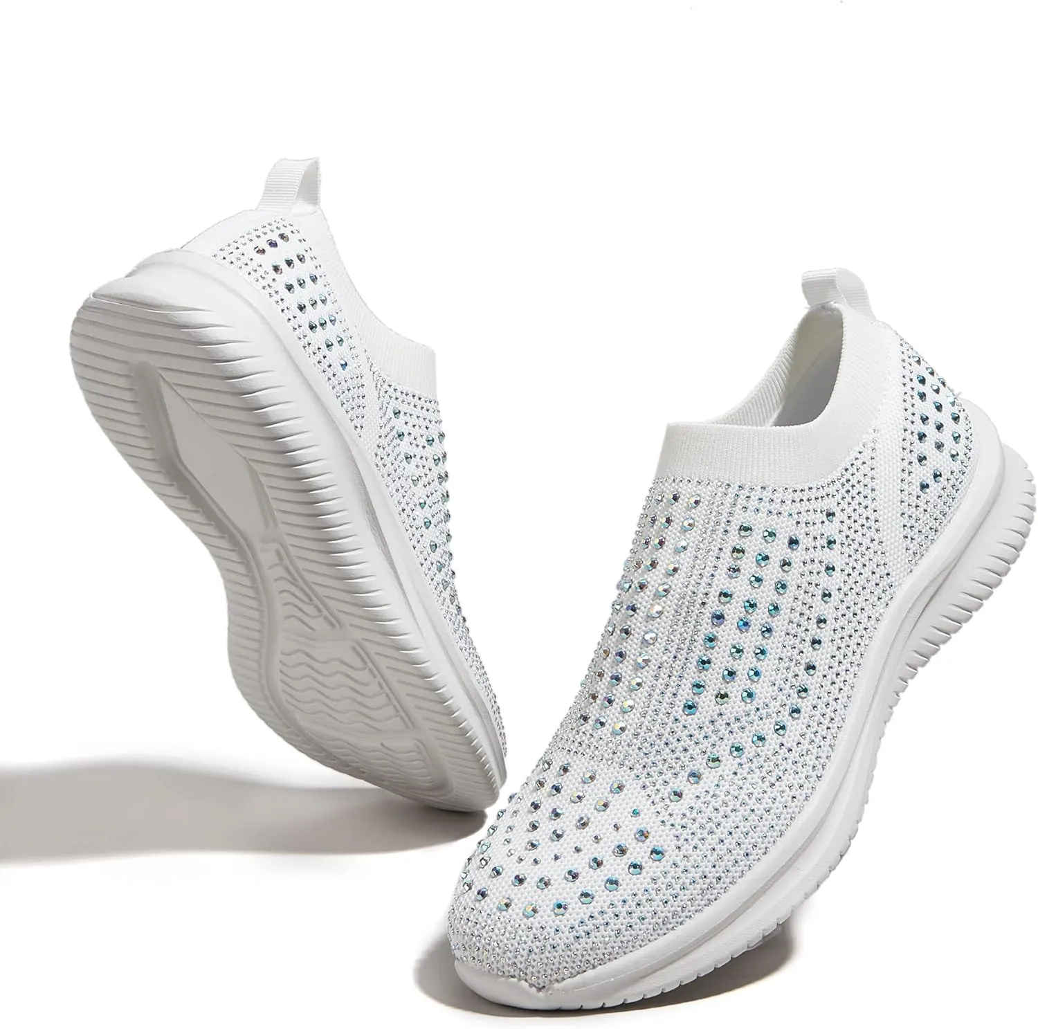 BELOS Women's Rhinestone Mesh Slip On Walking Shoes Fashion Breathable Spakle Glitter Sneaker