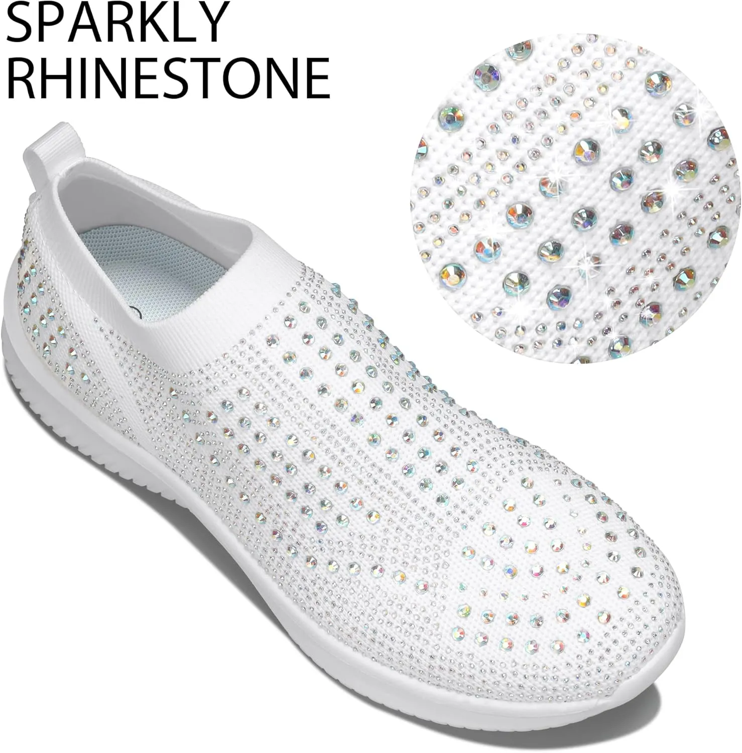 BELOS Women's Rhinestone Mesh Slip On Walking Shoes Fashion Breathable Spakle Glitter Sneaker