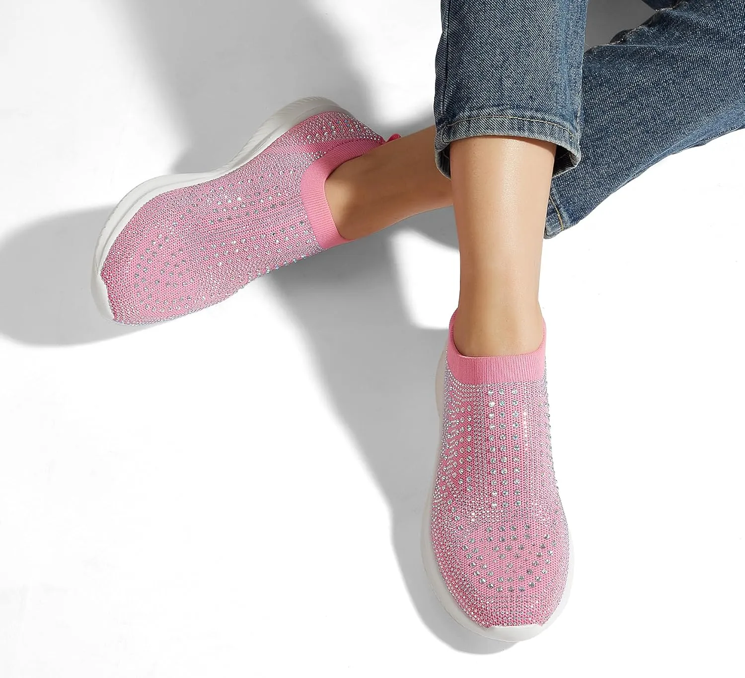 BELOS Women's Rhinestone Mesh Slip On Walking Shoes Fashion Breathable Spakle Glitter Sneaker