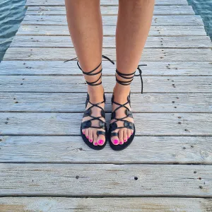 Black Lace Up Greek Sandals, Black Leather Sandals, Toe ring sandals, Lace up sandals, Summer Sandals, Gladiator Sandals, Tie up Handmade sandals