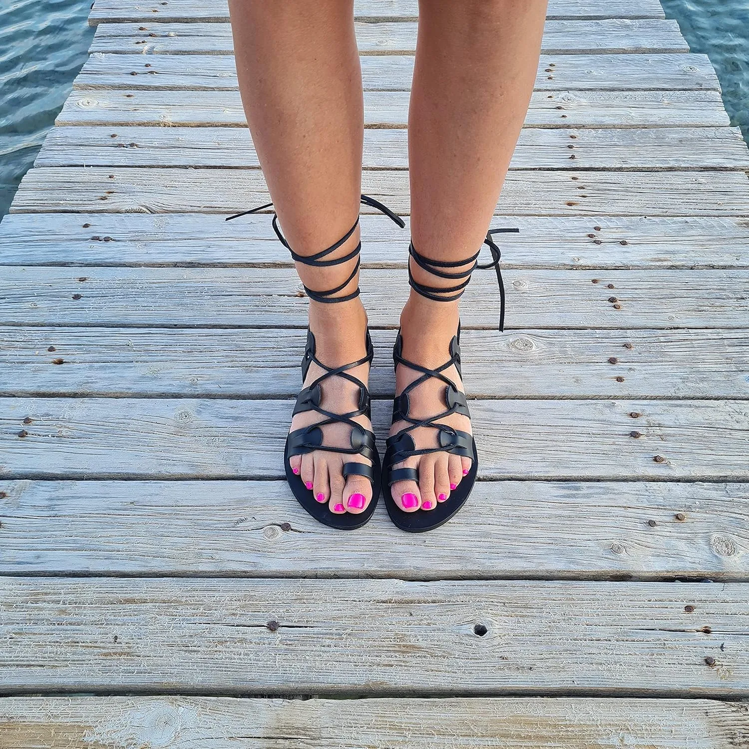 Black Lace Up Greek Sandals, Black Leather Sandals, Toe ring sandals, Lace up sandals, Summer Sandals, Gladiator Sandals, Tie up Handmade sandals