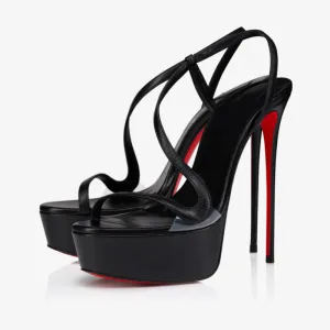 Black Leather Stiletto Sandals with Platform