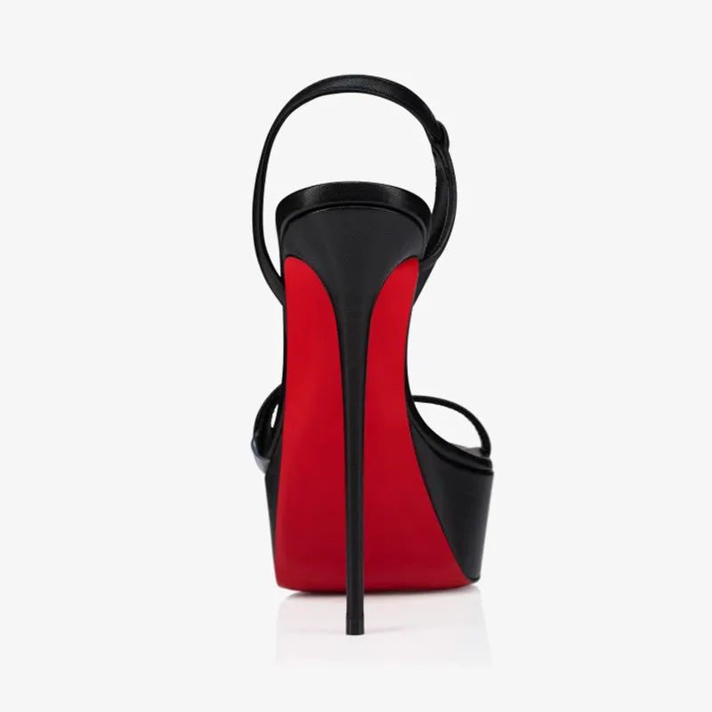 Black Leather Stiletto Sandals with Platform